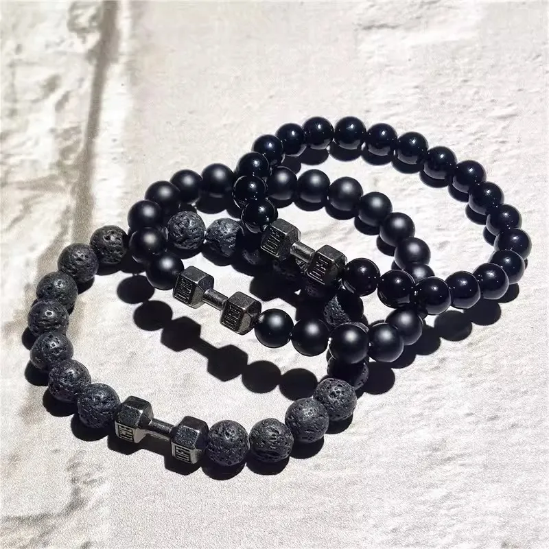 Natural Volcanic Stone Bracelet Men Matte Black Lave White Beads Charm Dumbbell Strand Bracelets Women Barbell Fitness Jewelry