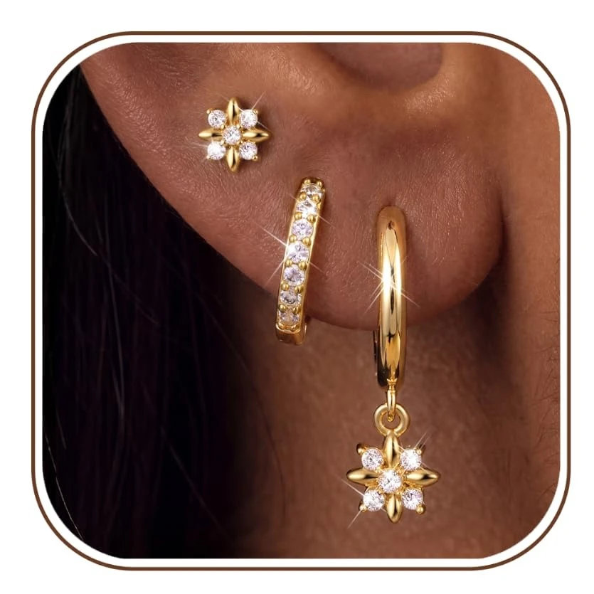 3 Pairs Hypoallergenic Hoop Earrings for Women Sensitive Ears Flower Huggie Stud Earrings Set Dainty Dangle Earring Stacks for Multiple Piercing 14Gold/Silver Plated