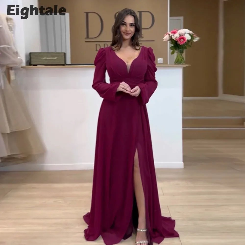 

Eightale Arabic Evening Dress Long Sleeves Chiffon Floor Length Side Slit A-Line Prom Wedding Dress Party Gown Robes De Soirée