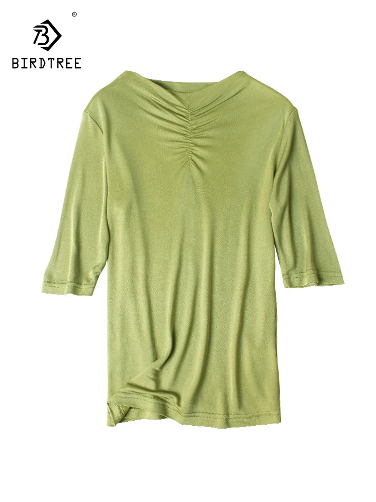 BirdTree, Natural Silk Knitted T-Shirts, Women Half Sleeve O Neck Solid, Elegant Versatile Loose Fold Top, 2024 Summer T45586QC