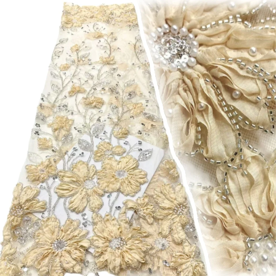 

3D цветок, африканская вышитая бисером кружевная ткань для жениха, высококачественная французская нигерийская кружевная ткань с блестками для свадебного платья, вечеринки T1335