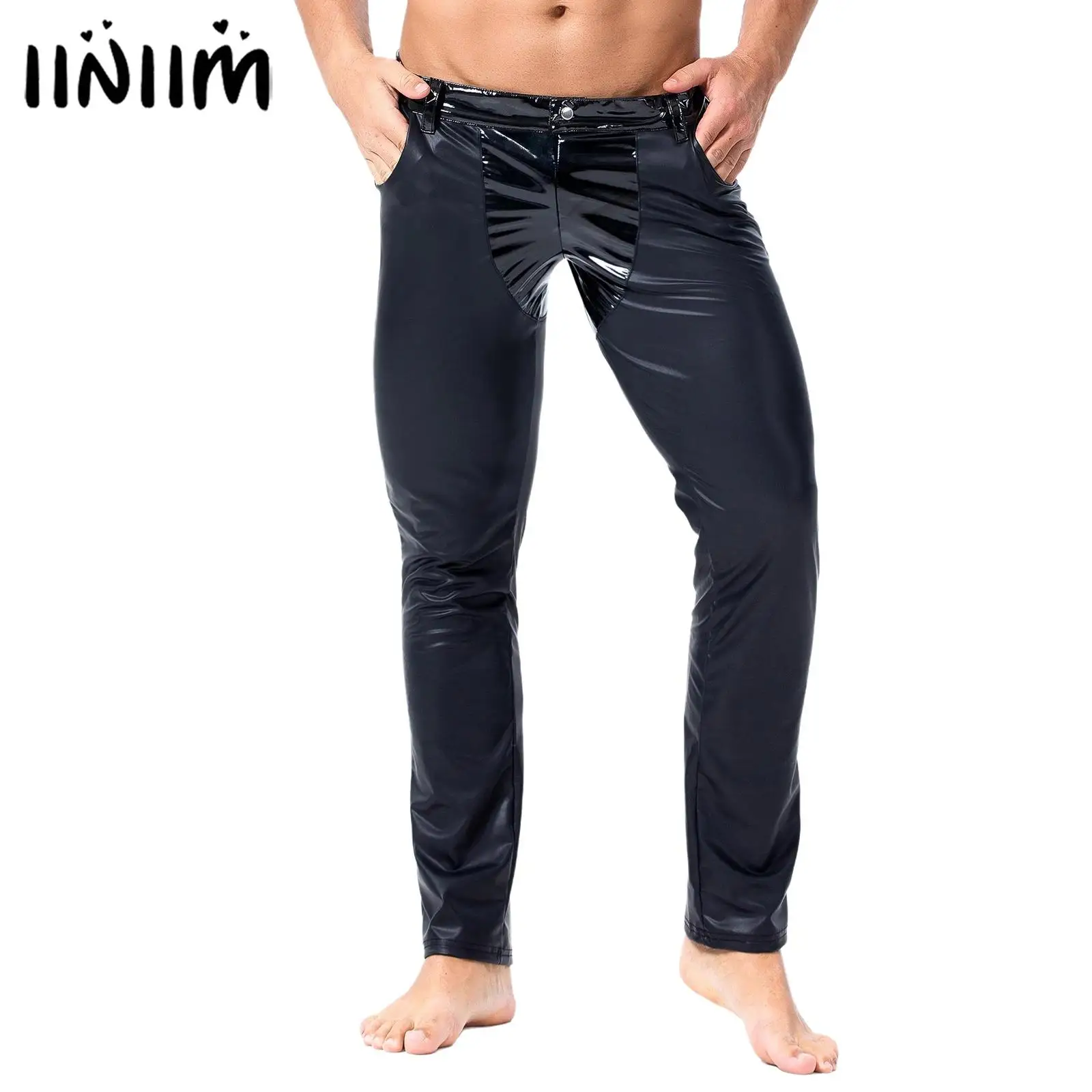 

Мужские глянцевые леггинсы из искусственной кожи, обтягивающие брюки для мотоциклетного костюма, длинные штаны с карманами, для рейв-вечеринок, клубная одежда в стиле Wetlook
