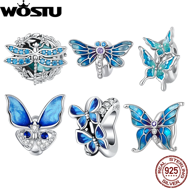 WOSTU 925 Sterling Silver Blue Butterfly Septal Bead Dragonfly Stopper Vintage Pendant Fit Orignal Bracelet Fine Jewelry Gift