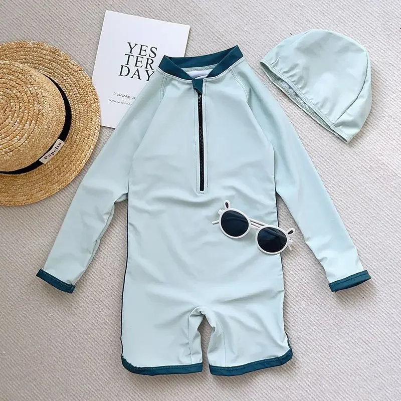 Korean Children\'s Swimsuit Baby Swimwear Boy Zipper One Piece Long Sleeved Quick Drying Cute Girl Swimsuit Kids Swim Suit Boys