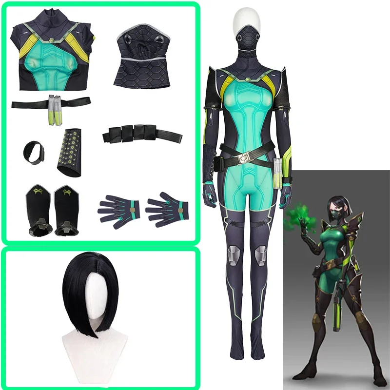 Valorant Cosplay Viper Maschera Cosplay Accessori Costume Stampa 3D Spandex Viper Tuta Tuta Parrucca Set completo