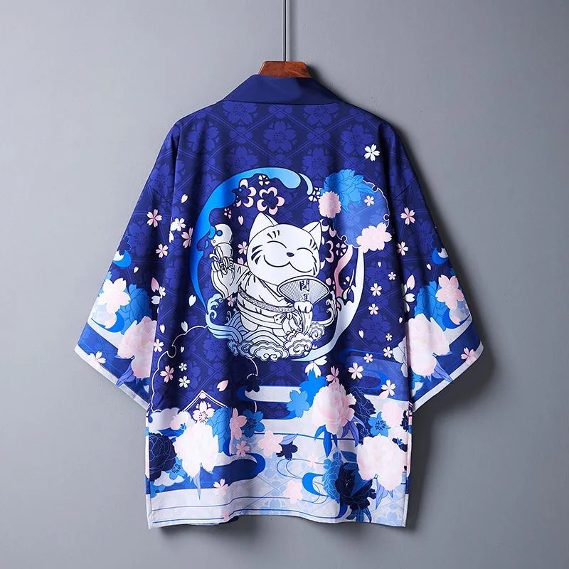 Japanese Loose Bathrobe Stars Follwoing Ringtone Dark Blue Color Haori Summer Sunscreen Kimono Literature and Art Cosplay Women