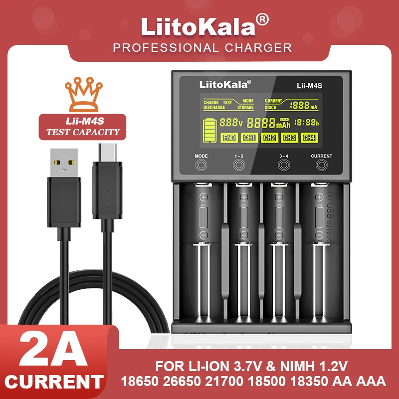 LiitoKala Lii-M4S Lii-M4 do ponownego ładowania z ładowarką 3.7V 18650 26650 21700 18500 litowo-jonowa 1.2V Ni-MH AA pojemność testowa