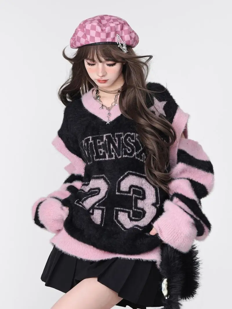 Sweet Cool Letter Peinr V-neck Black Pink Tops Women Y2k E-Girl Hollow Out Long Sleeve Pullovers Mid-length Loose Sweaters Mujer