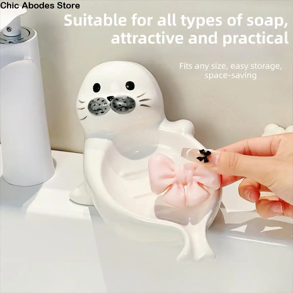 

Cute Sea Lion Soap Dish Soap Box Drainable Self Draining Soap Holder Ceramic Soap Container Bathroom Decor Organizer