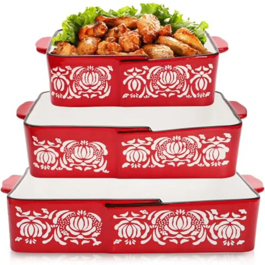 

Ceramic Baking Dish Set 3Pack Nonstick Deep Casserole Pans for Oven Microwave Dishwasher Rectangular Lasagna Bakeware with Heat