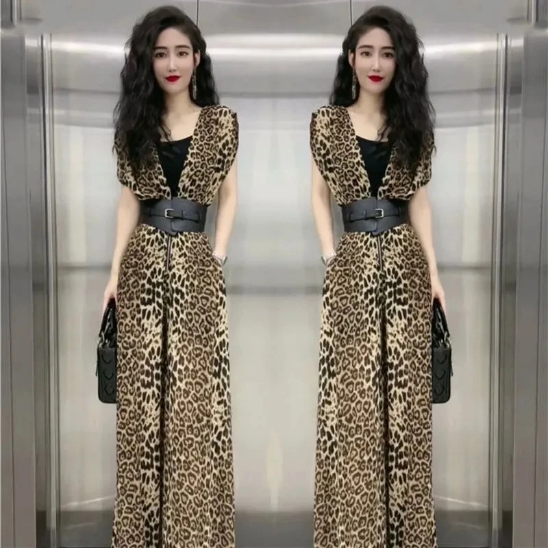 

Уникальный модный темпераментный комбинезон с леопардовым принтом, женский весенне-летний новый тонкий комбинезон с высокой талией, простые широкие брюки, юбка