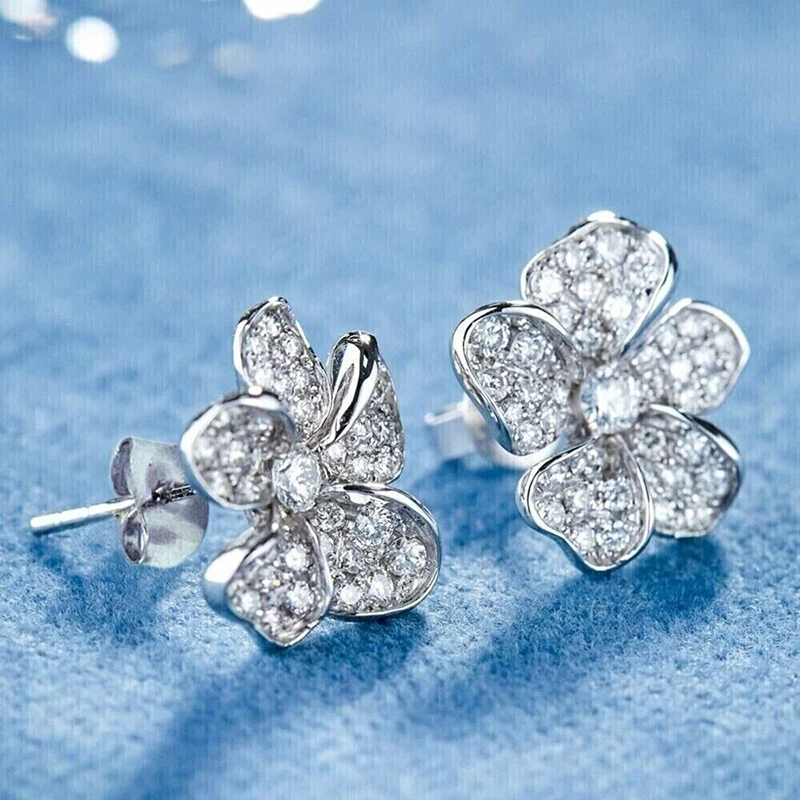 Huitan AA Cubic Zirconia Flower Stud Earrings for Women Silver Color Exquisite Female Ear Earrings Daily Wear Trendy Jewelry