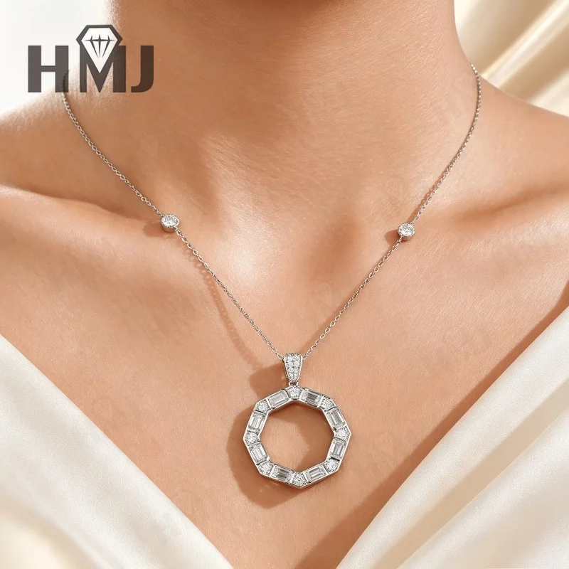 925 Sterling Silber Halskette mit Baguette-Schliff Moissanit Oktagonaler Kreisanhänger Hohlkreiskette Schmuckgeschenk für Frauen Charms – Detail 10