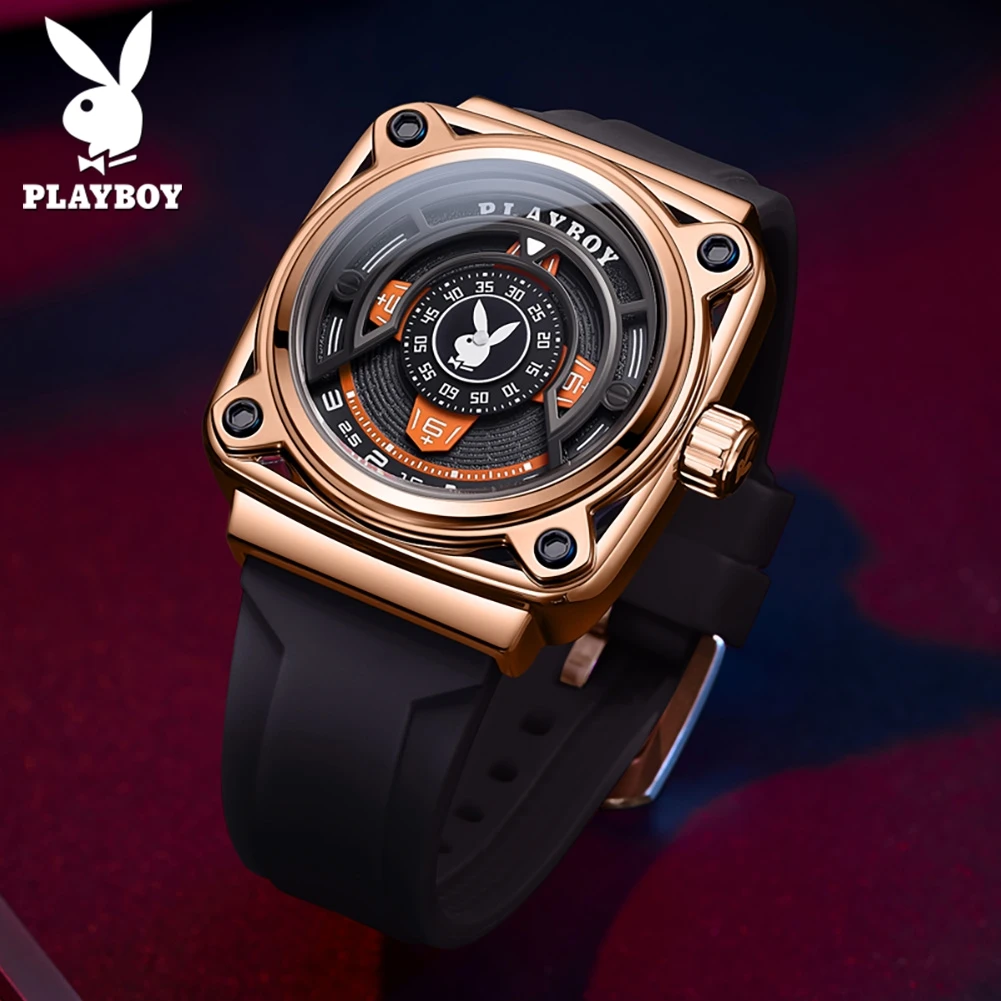 PLAYBOY Mens Watch Casual Square Sport Quartz Watch Waterproof Waterproof Luminous  Wristwatch Silicone Strap 3512