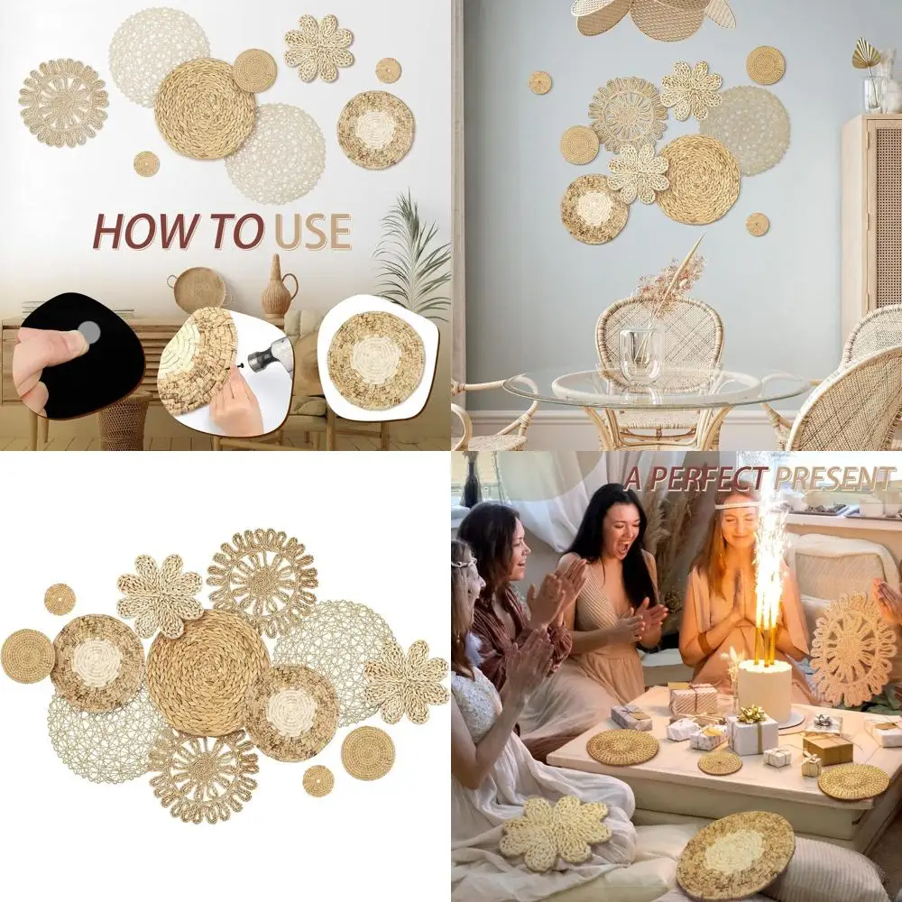 

Glenmal Set o 13 Boho Wall Basket Decor Woven Rattan lat Baskets Handmade Boho Wicker Bamboo Seagrass Wall Hanging Decor or Bedr