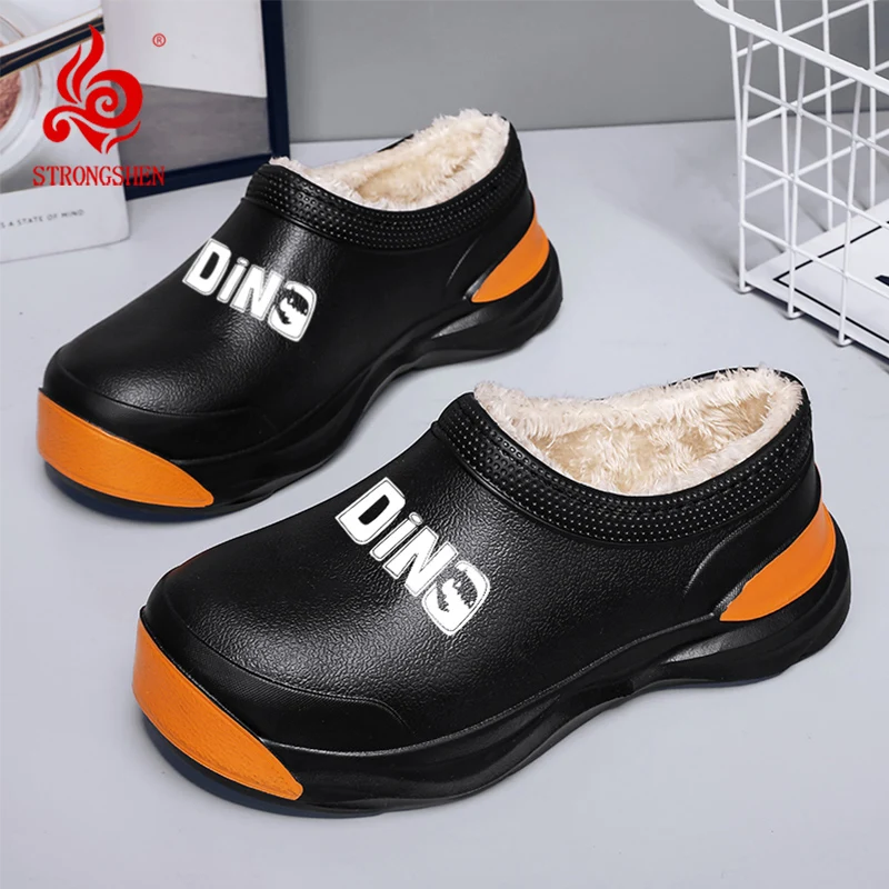 STRONGSHEN Men Plush Warm Chef Shoes Outdoor Women Garden Clogs Rain Shoes Oilproof Waterproof Kitchen Shoes Nurse Shoes