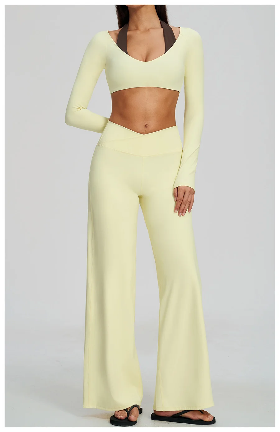 Yoga-Set 2-teilig, Fitnessbekleidung, Trainingsanzug, Lauf-Sportbekleidung, Outfit, hochtailliert, weites Bein, langärmeliges Crop-Top – Detail 17