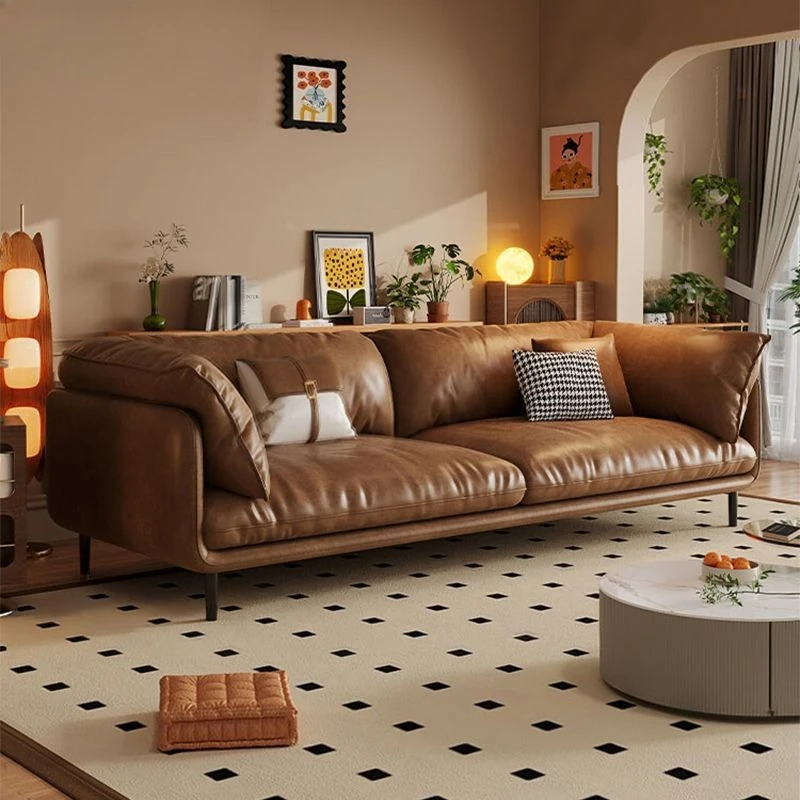 

Ретро-диван из вощеной кожи для гостиной, простой трехместный диван для небольшой квартиры