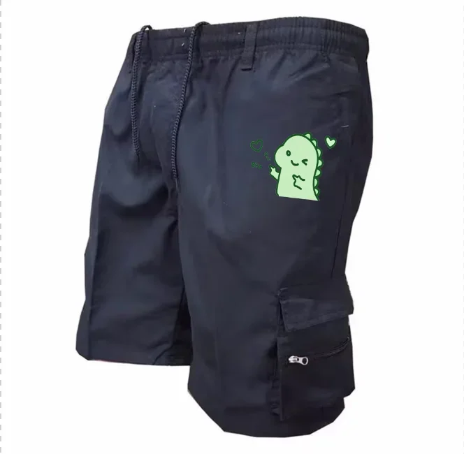 Men's Cute Green Dinosaur Print Cargo Shorts Elastic Waist Drawstring Multi Zipper Pockets Casual Summer Short Pants