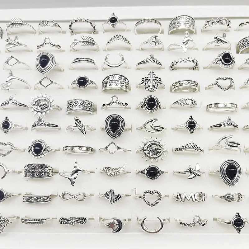 30pcs/Lot Wholesale New Design Mix Style Finger Rings For Women Black Acrylic Jewelry Party Sun Moon Star  Wing Leaf Heart Gifts
