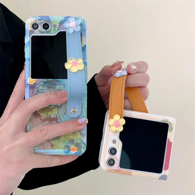 Blue Glossy Oil Painting Flower Phone Case for Samsung Galaxy Z Flip 6 5 4 3 Protective Back Cover for ZFlip4 ZFlip5 ZFlip6 Case image 2