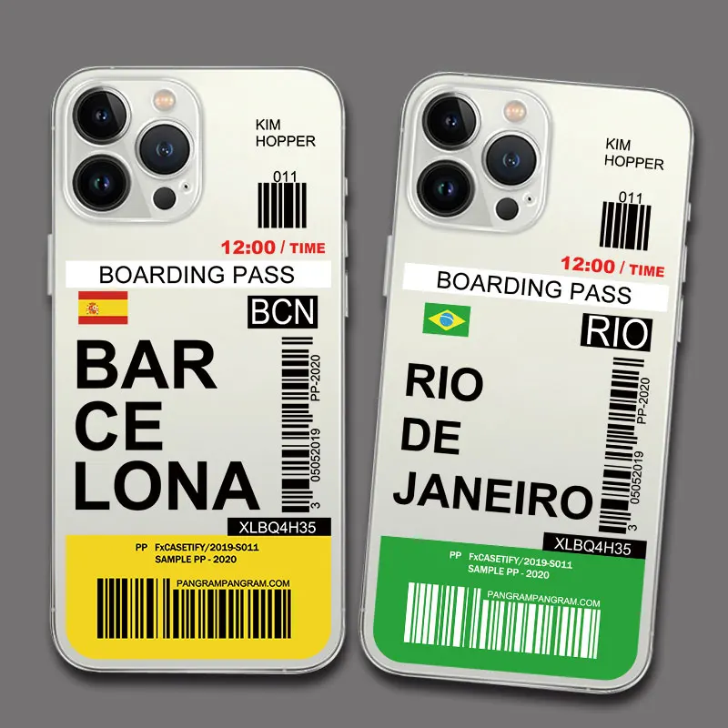 World City Travel Ticket New York London Label Phone Case For iPhone 11 7 8 Plus SE2 14 13 12 Pro Max XS X XR Transparent Cover
