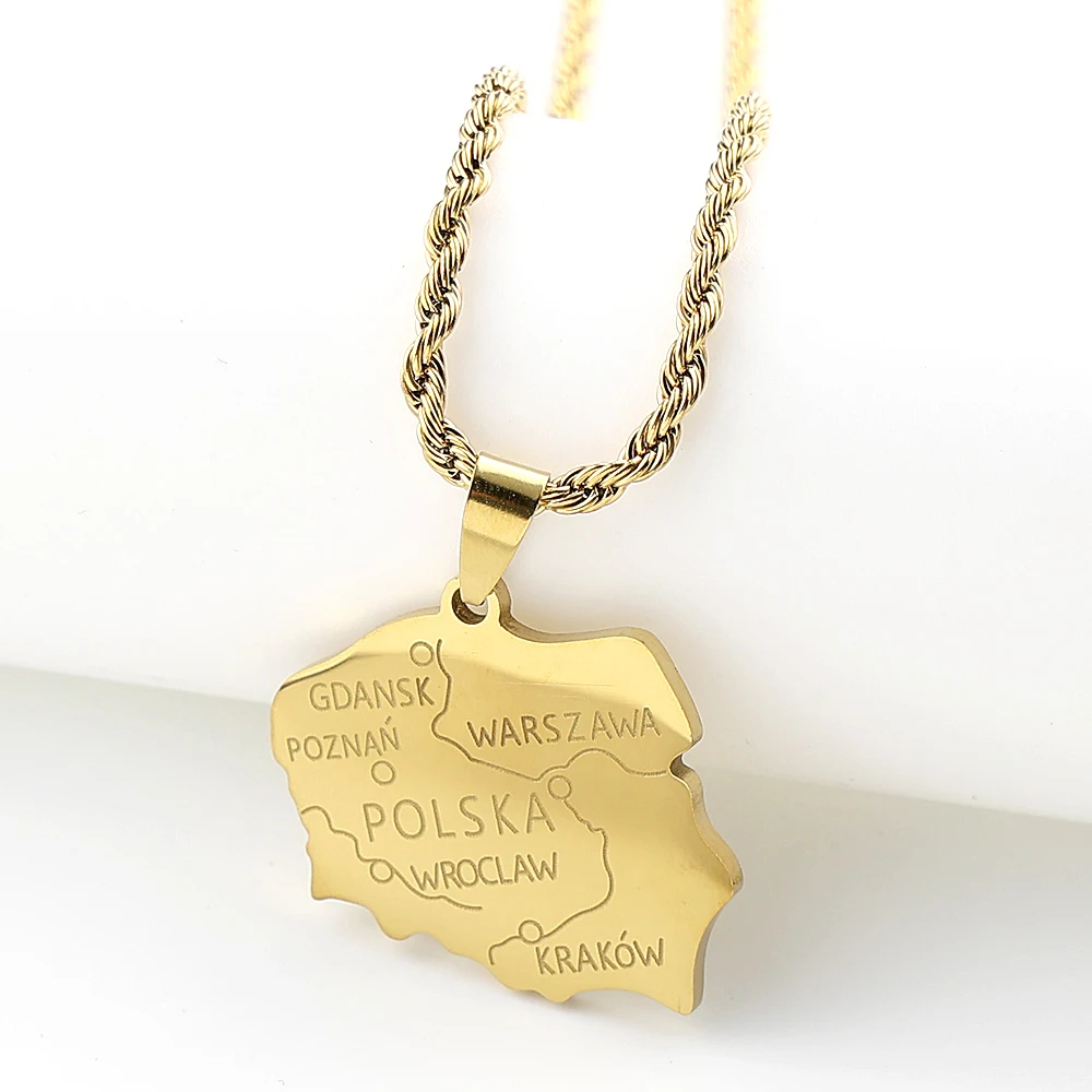 Map of Poland Polish Cities Pendants Necklaces for Women Men Stainless Steel Gold Silver Color Country Geography Chain Jewelry