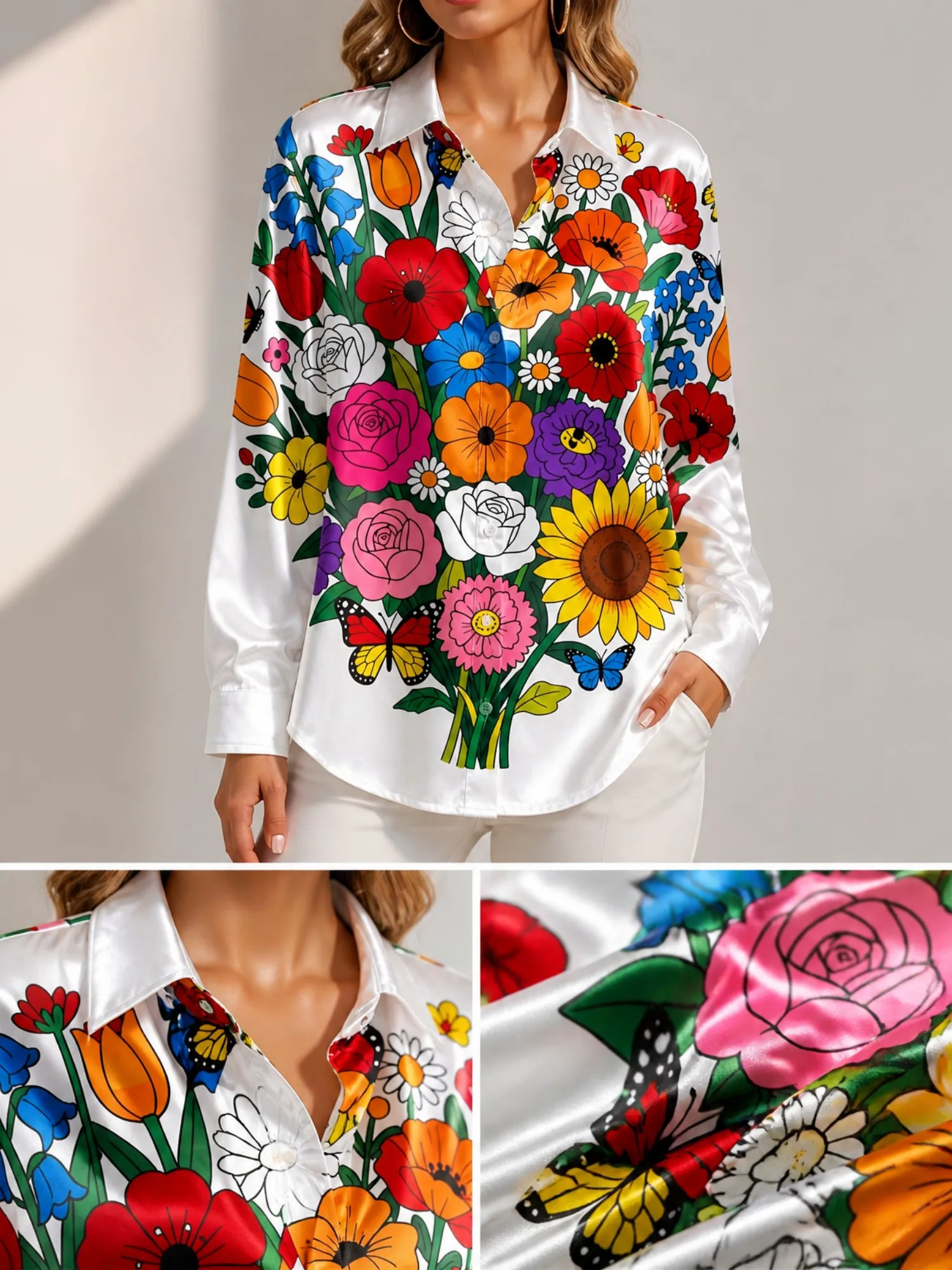 White Rainbow Floral Bouquet Satin Blouse for Women Long Sleeve Button Down Shirt Garden Party Elegant Silky Fashion Top Stylish