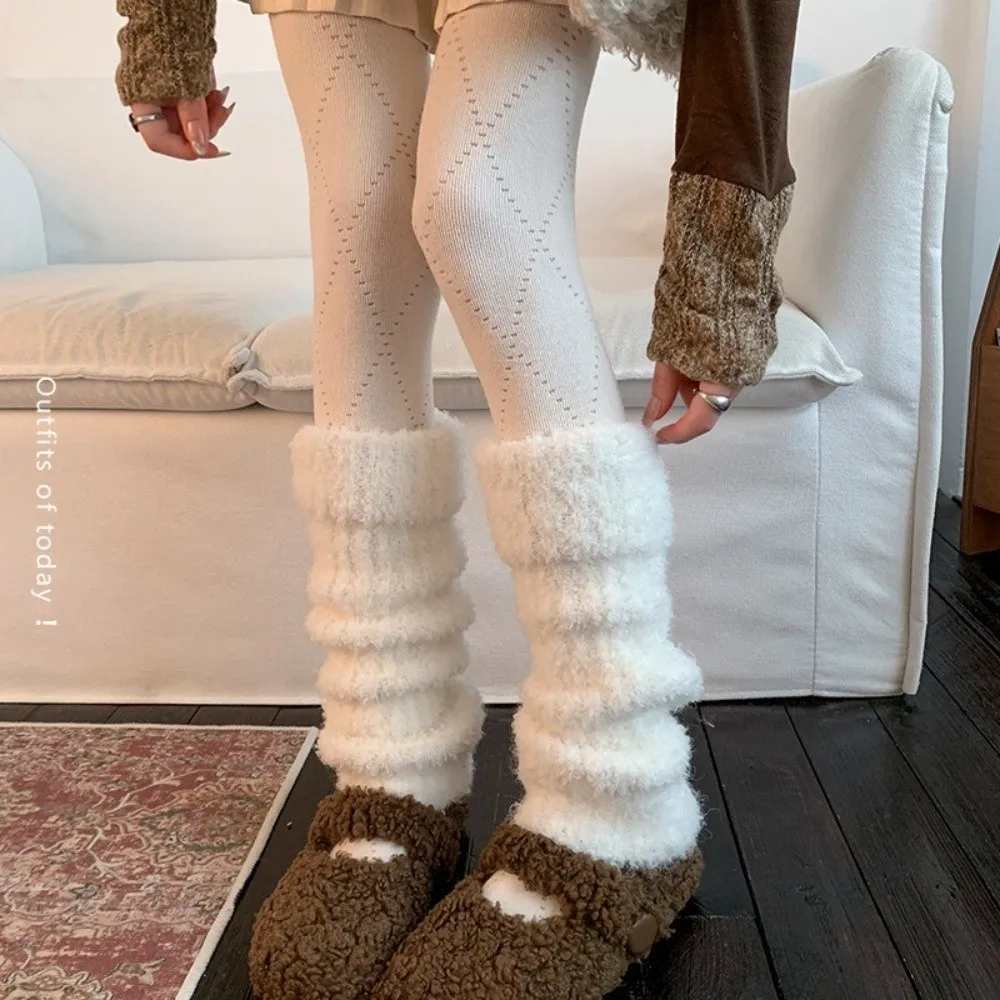 Thick Warm Knitted Leg Warmers Fleece Lining Turn-Cuff Design Wool Blend Leg Warmers Knitted Texture Stretchy Fabric
