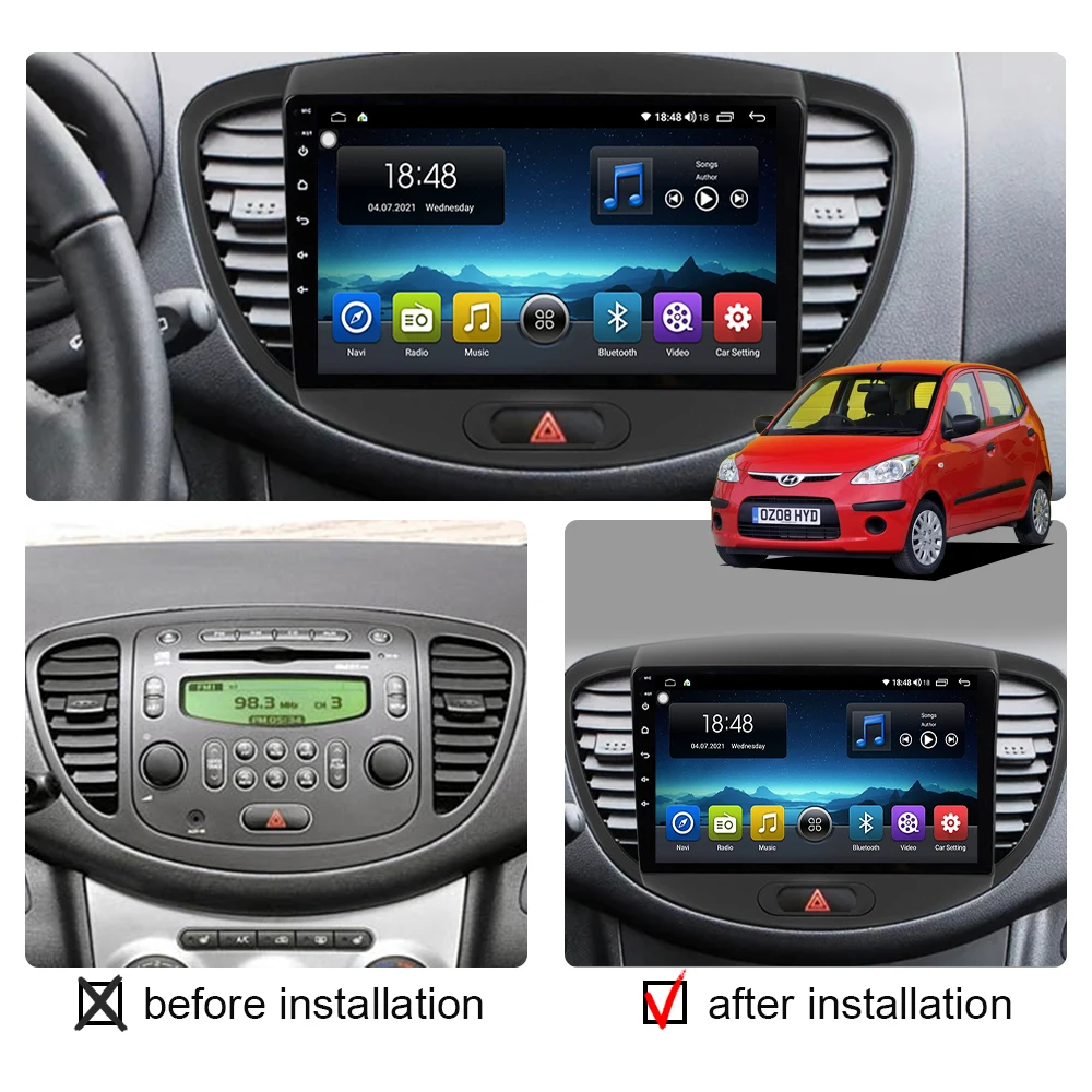 2 Din Car Radio Android Auto Carplay Multimedia Player For Hyundai i10 2007 - 2013 GPS Navigation Head Unit Stereo Touch screen