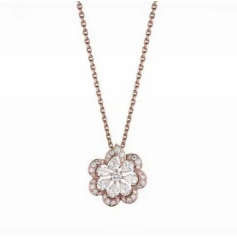 

Rose Gold Plated Five-Petal Floral Pendant Necklace with Pear-Cut & Pave CZ Accent, Delicate Cable Chain