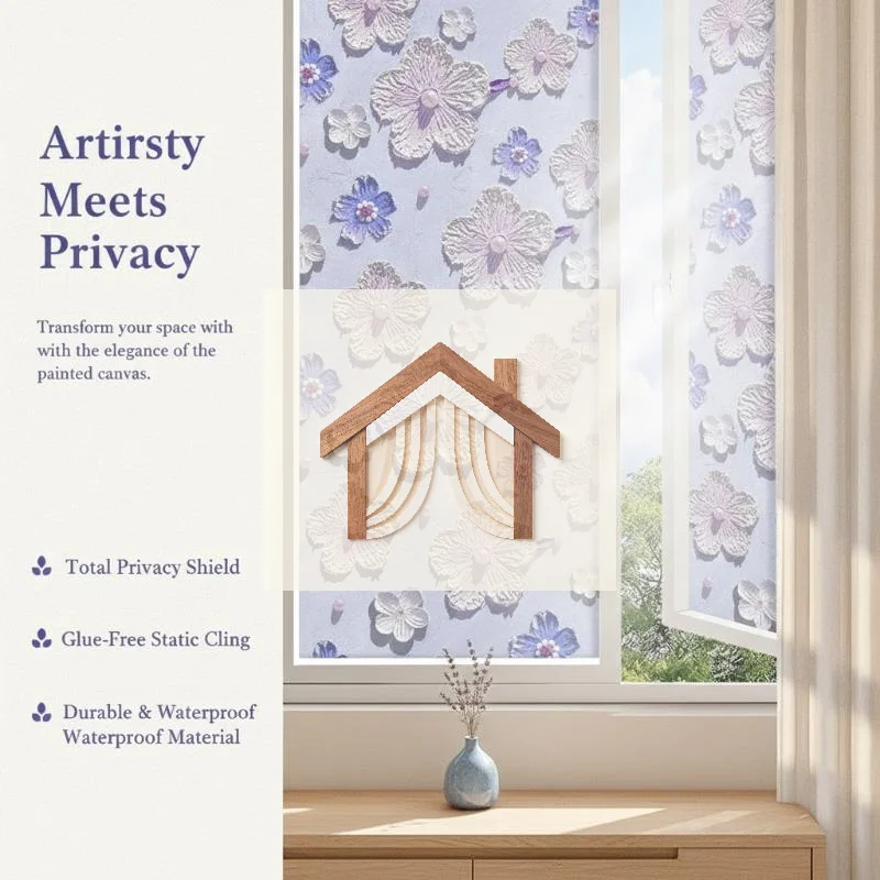 1Roll 60*100cm 3D Embossed Floral Window Privacy Film Static Cling UV Blocking For Bathroom Bedroom Glass Decoration