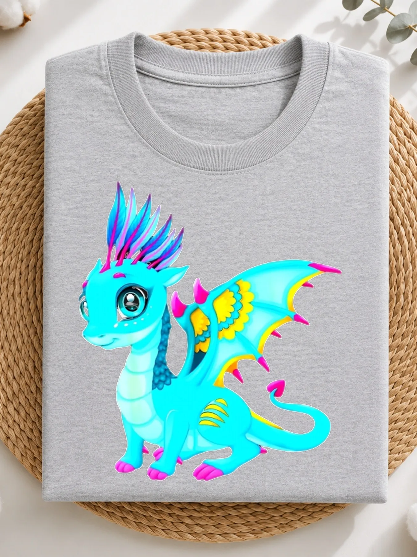 Men'S Casual Graphic Tee Short Sleeve Fashion Streetwear T-Shirt Printed With A Cute Turquoise Dragon With Colorful Crests, Wing
