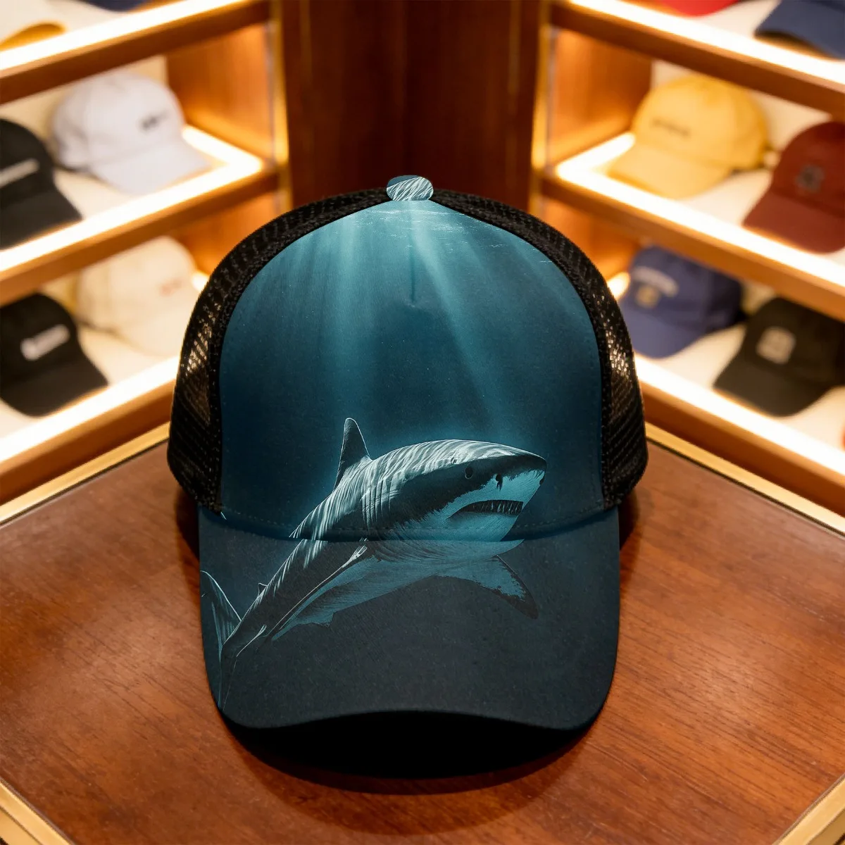 1pc Shark Oceanic And Nautical Style All-Over Printing Duckbill Hat Mesh Cap Funky Style Hat Fitted Closure for Daily Wear