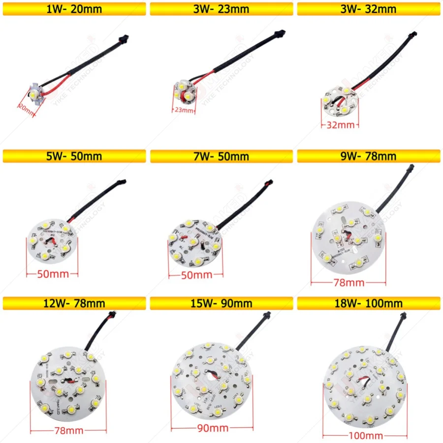 Luminosità 1-18W LED Epistar chip perlina ad alta potenza con piastra di base in alluminio Radiatore saldato connessione JST, pannello LED circolare