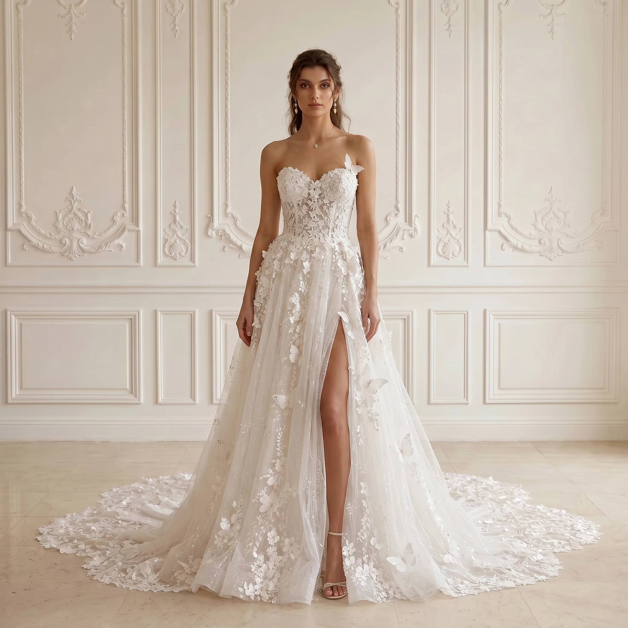 

Strapless Sweetheart A Line Wedding Dress 3D Butterfly Floral Lace High Slit Zipper Back Chapel Train Bridal Gown