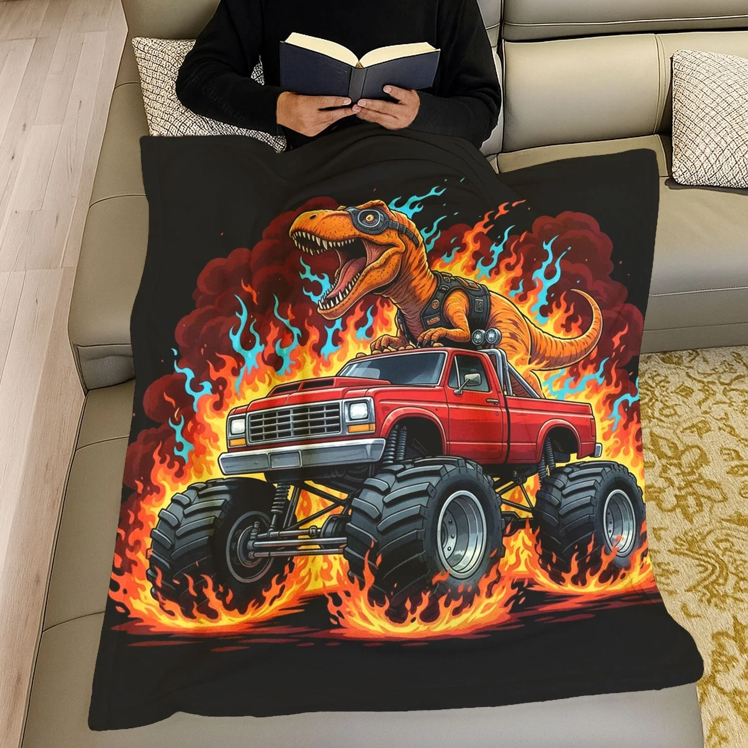 Dinosaur T Rex Truck Car Blanket Throw Gift for Men Boys Pop Culture Muscle Car Fleece Decor Novelty Art Plush Blanket