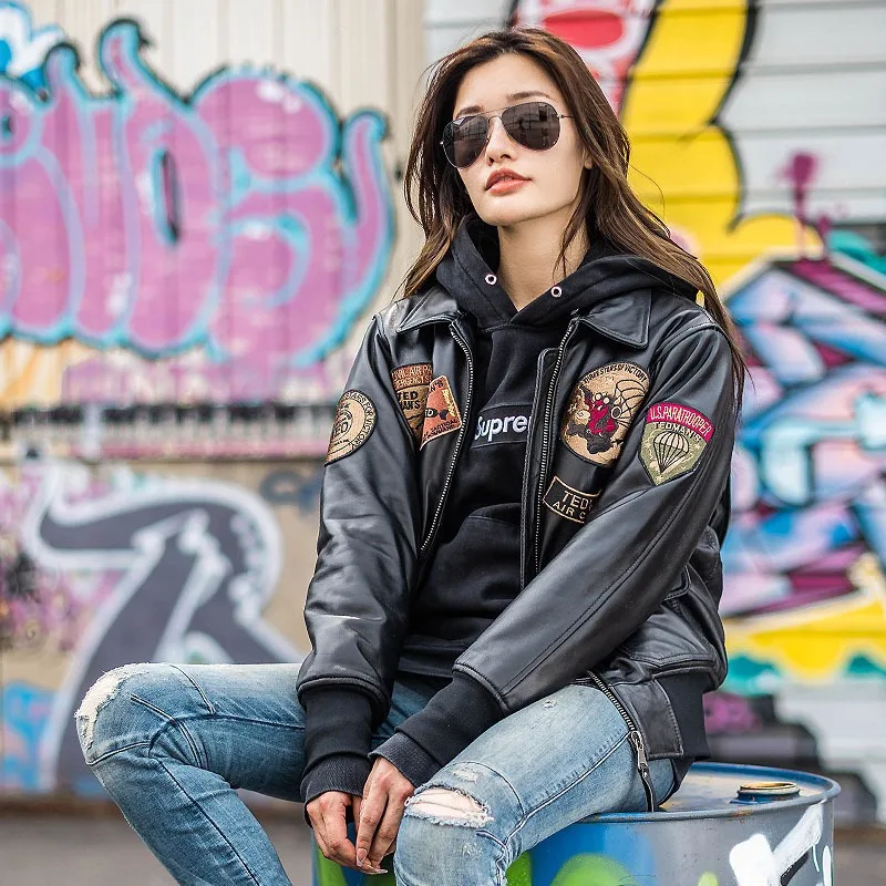 2024 New Women Air Force G1 Pilot Leather Jacket Fashion Embroidered Paratrooper Sheepskin Wool Fur Collar Winter Coats