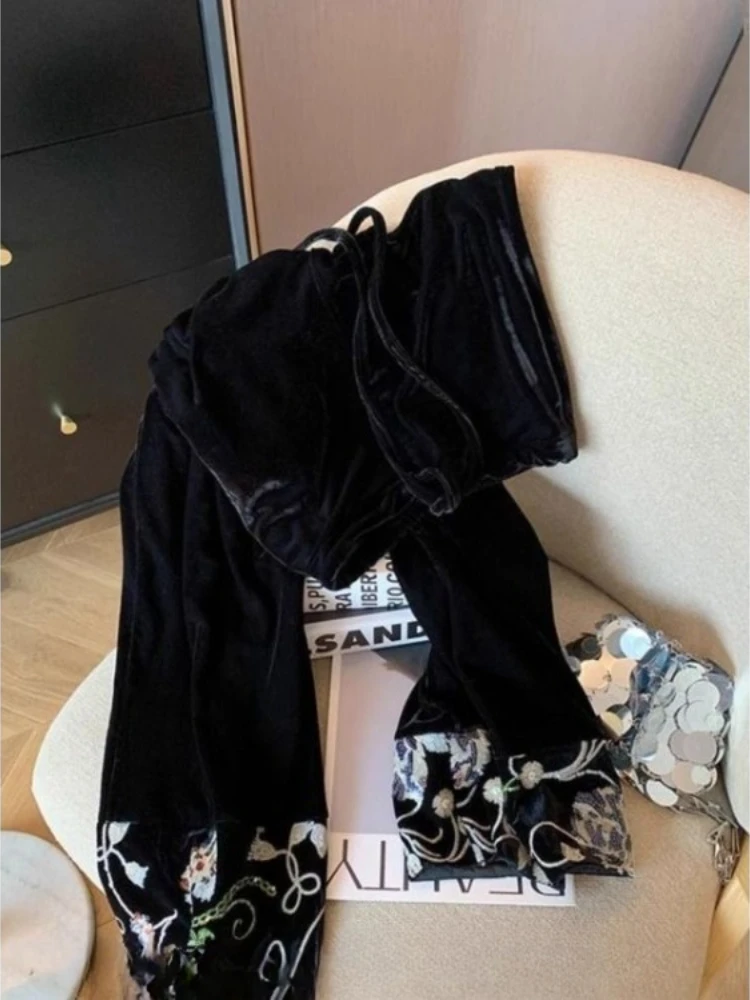 Celana Panjang Bordir Gaya Cina Baru 2025 Celana Kasual Beludru Hitam Pinggang Tinggi Mode untuk Wanita Celana Kaki Lebar Lurus Longgar