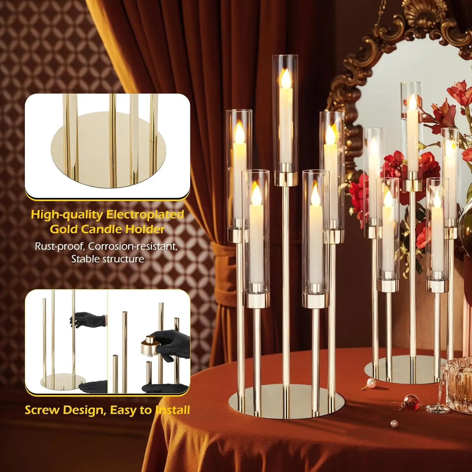 4 مجموعات من الشمعدانات الأرضية 5 أذرع 26.8 بوصة شمعدانات ذهبية طويلة مع عاكس الضوء من الأكريليك، قطع مركزية للطاولات #5