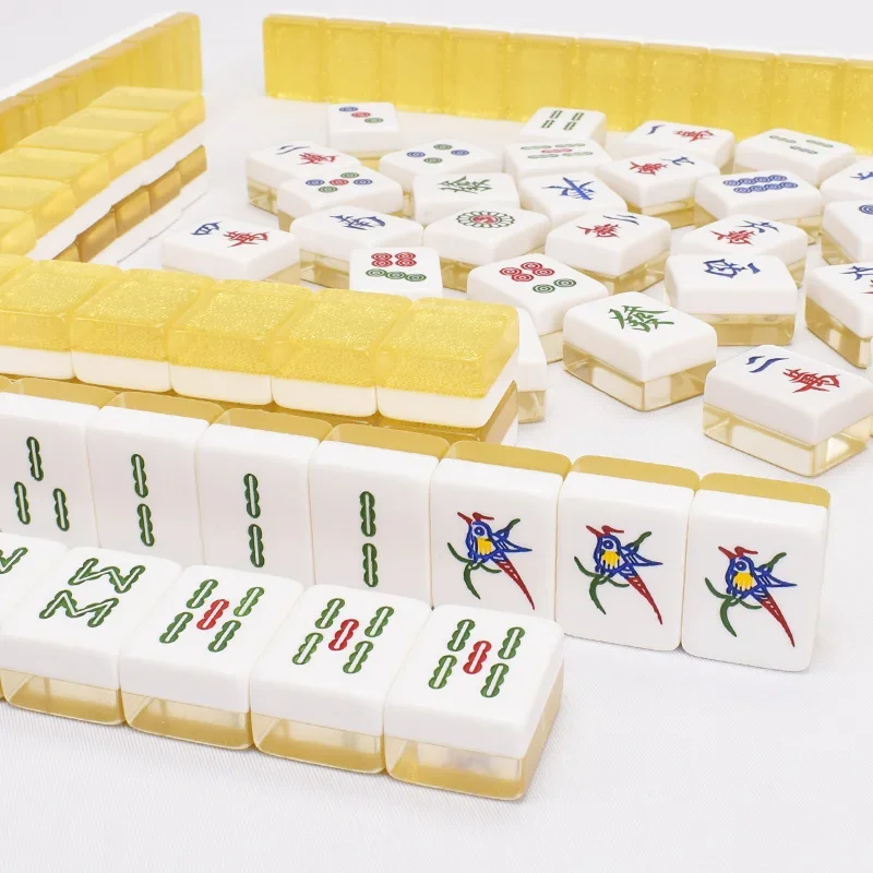 Gold Crystal Chinese Mahjong Set Full Size Educational Travel Resin Standard Chess Game Family Jogo De Tabuleiro Tournament Set