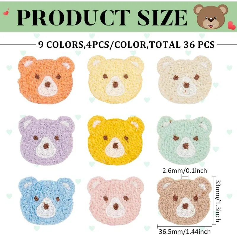 36 Pcs Crochet Bear Head Applique Patches 9 Colors Little Bear Head Crochet Knitted Cloth Appliques Bear's Head Sew On Patches