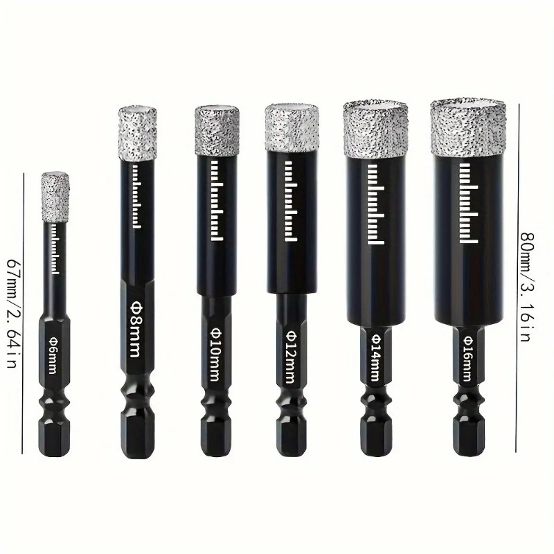 6pcs Diamond Drill Bits 6-16mm Hexagonal Shank Dry Diamond Drill Bit Hole Saw For Glass Granite Tile Hole Opener Cutter