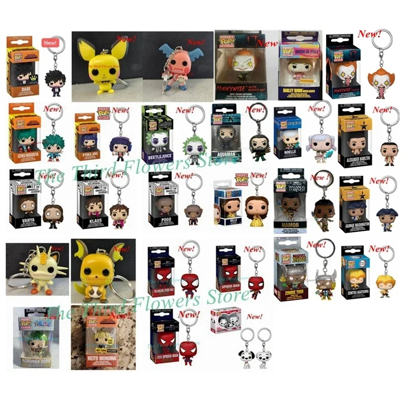 New 41 styles FUNKO POP Keychains Spiderman Izuko Jiro Aquaman Pongo Umbrella Academy Belle Vanya  Zoro Klaus Action Figure Toys