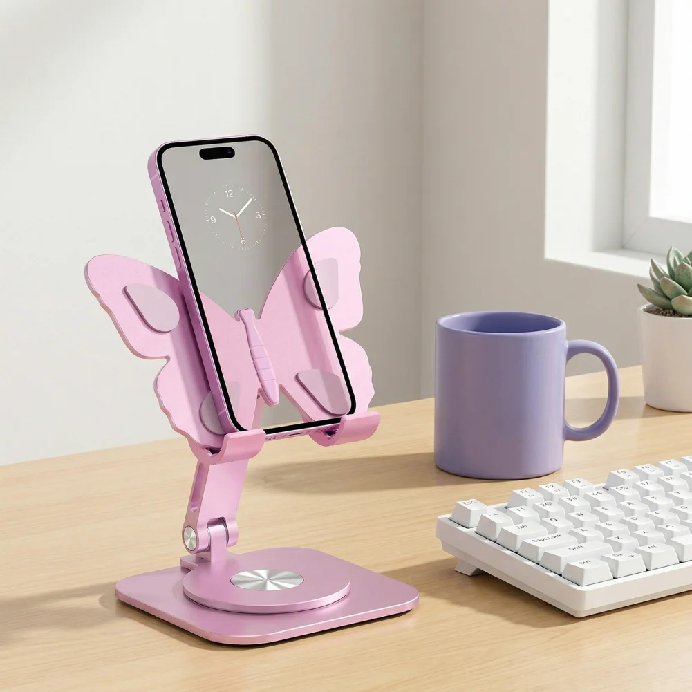 

Mobile Phone Holder 360° Rotating Aluminum Alloy Phone Holder Adjustable Desktop Stand with Foldable Butterfly Design for Home