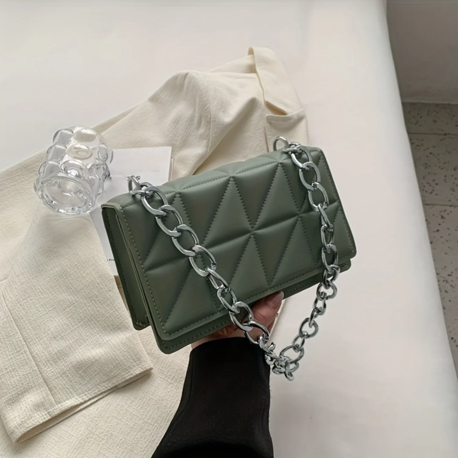 

Pattern Thick Metal Chain Underarm Bag, PU Leather Textured Bag Purse, Fashion Versatile Bag