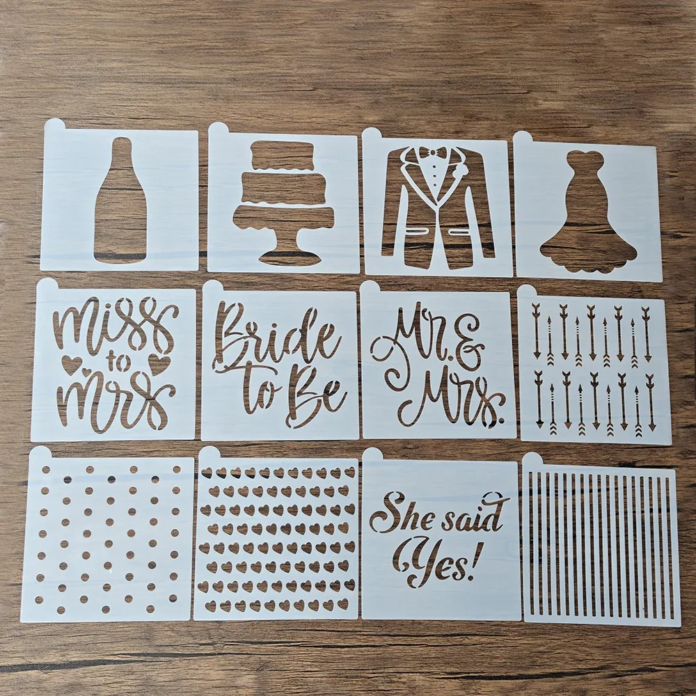 12Pcs Wedding Engagement Cookie Stencils, PET Templates for Cake Cupcake Royal Icing Baking & Wedding Card Decor