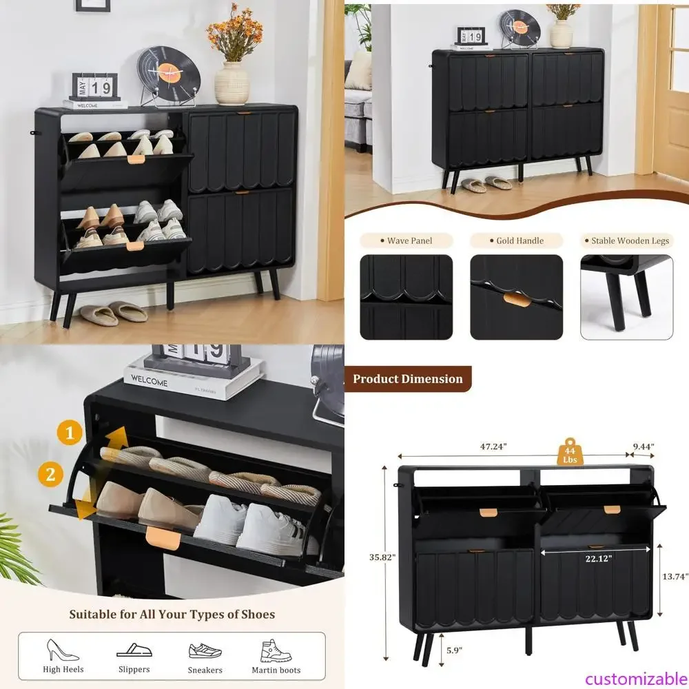 

Freestanding Narrow Wood Shoe Storage Cabinet with 4 Flip Drawers and Wave Panel Design for Entryway Organization