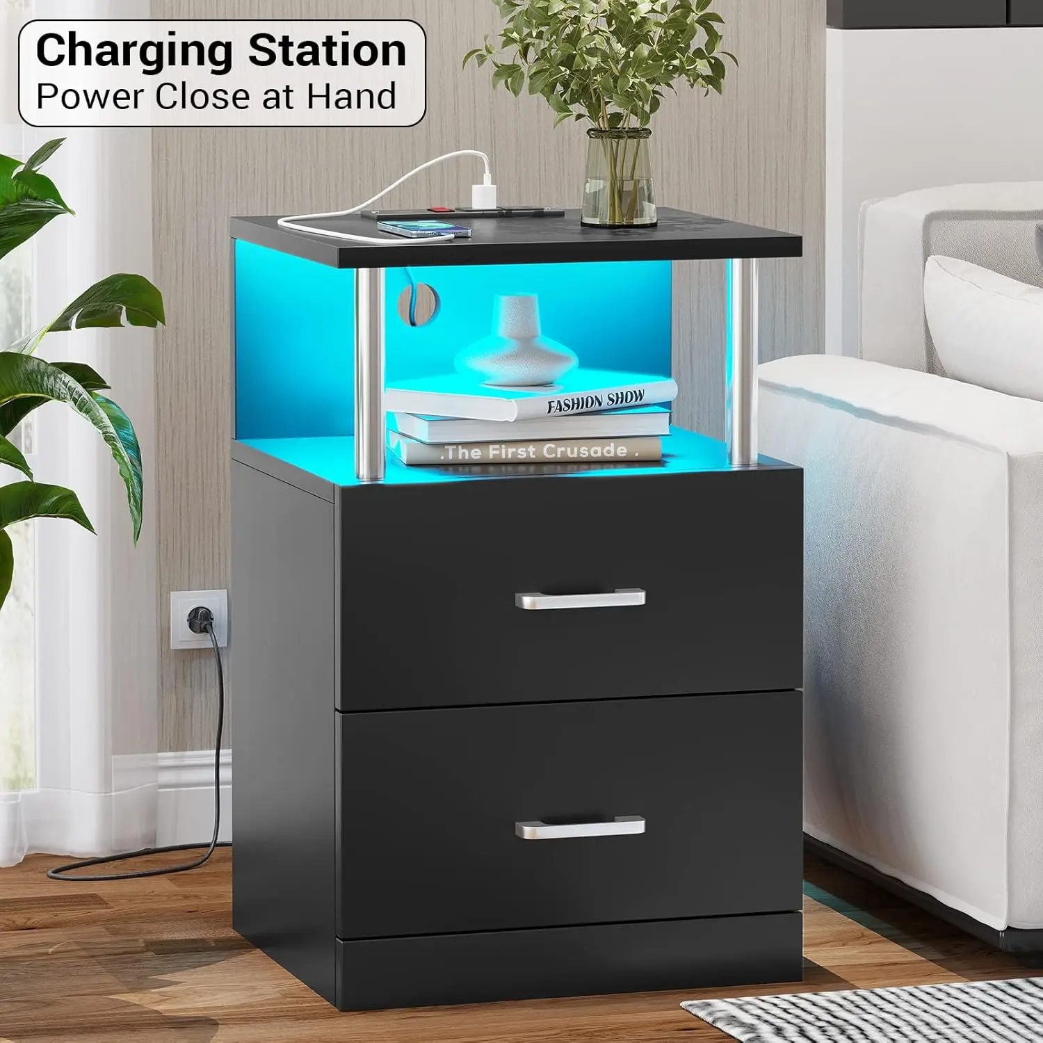 Nightstand With Charging Station And Led Lights, Night Stand With Open Storage, Bedside Table With Drawers, 2 Usb Ports, 2