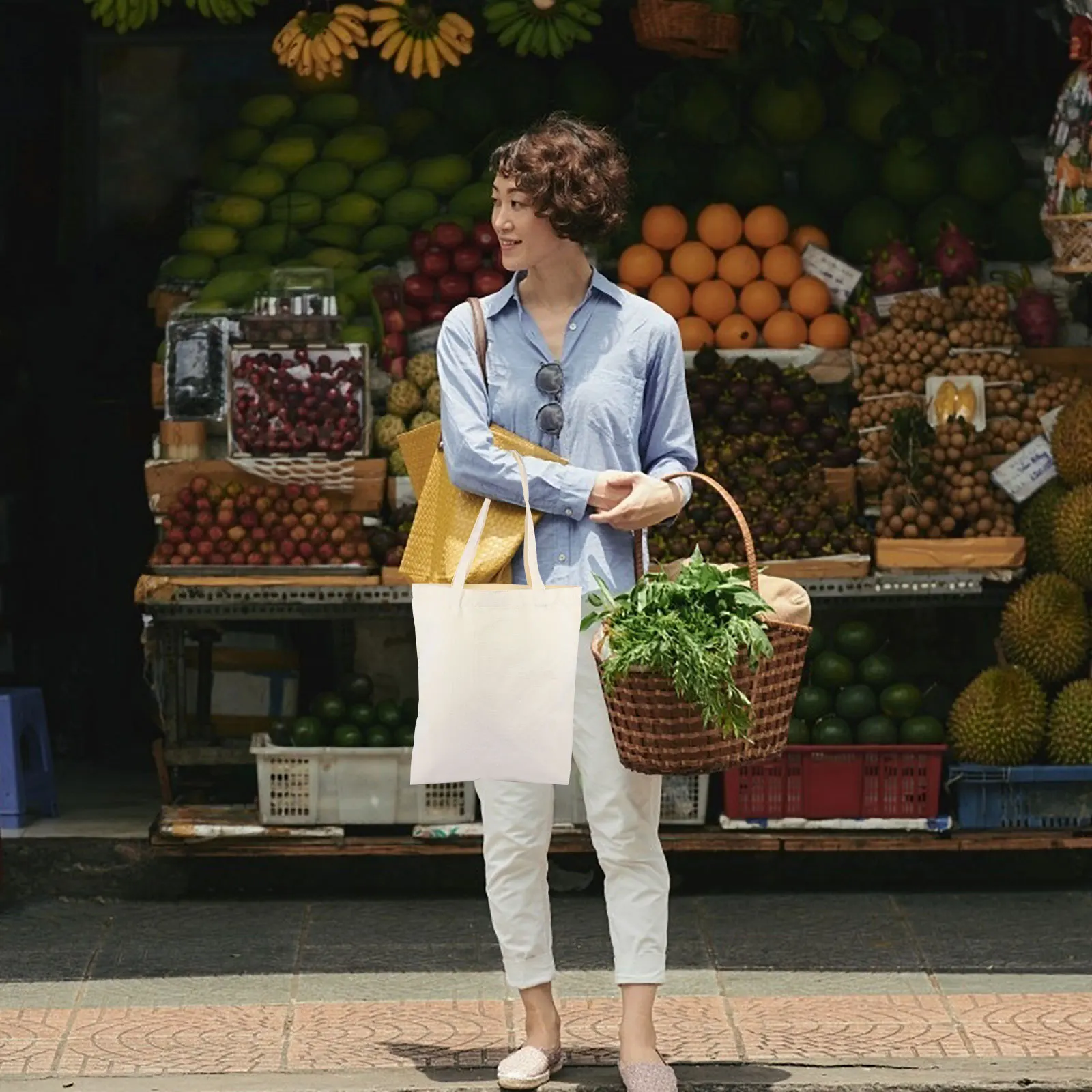 

5Pcs Cotton Canvas Tote Bags Reusable Grocery Shopping Bag for Vegetables Fruits Snacks Storage Heavy Duty Washable Plain Bulk